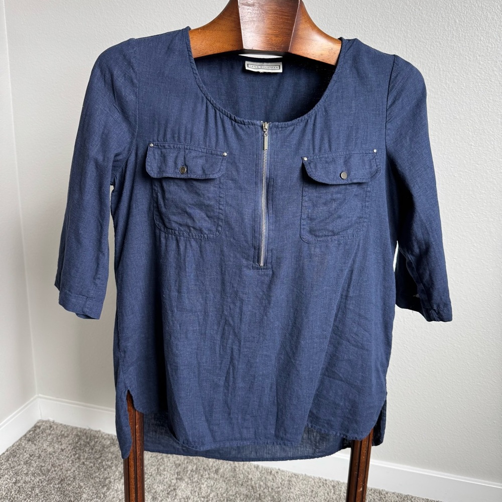 Dana Buchman Linen Rayon Top Navy Blue Zip Neck 3/4 Sleeve Pockets Sz M Coastal